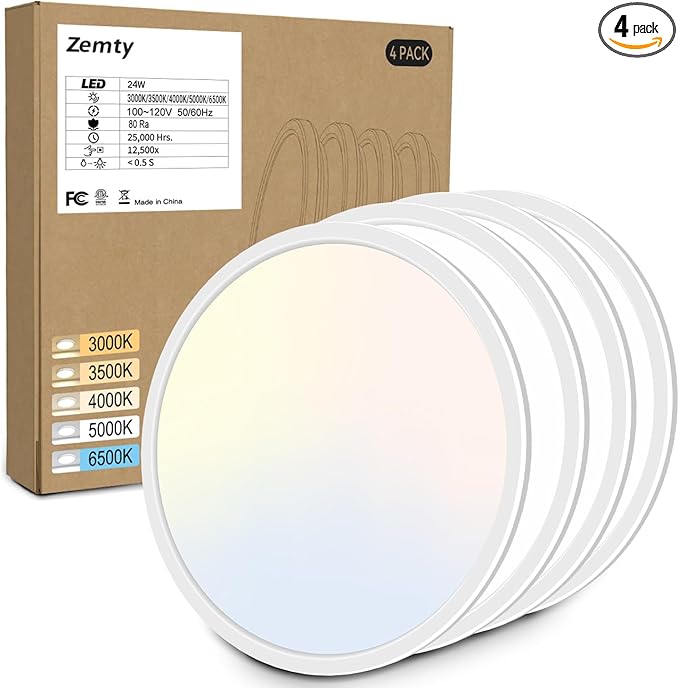zemty 4Pack 12 Inch LED Ceiling Light Flush Mount, 24W 2640lm Super Slim Flush Mount Ceiling Lamp Fixtures, 3000K/3500K/4000K/5000K/6500K Selectable for Bedroom Bathroom Kitchen Living Room (White)