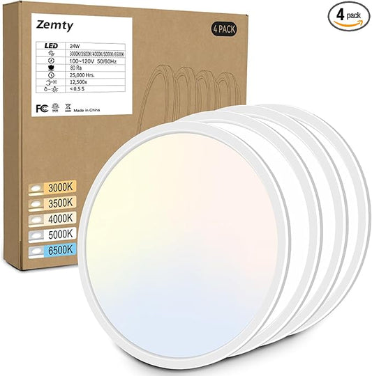 zemty 4Pack 12 Inch LED Ceiling Light Flush Mount, 24W 2640lm Super Slim Flush Mount Ceiling Lamp Fixtures, 3000K/3500K/4000K/5000K/6500K Selectable for Bedroom Bathroom Kitchen Living Room (White)