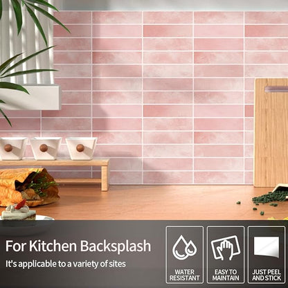 Peel and Stick Backsplash 3D Wall Tiles,Self-Adhesive,Oil Proof,Waterproof, Removable Wall Panels for Kitchen & Bathroom,Modern Design, Easy Install (10.7ft，12x9 inch,14 Pack) (Pink)