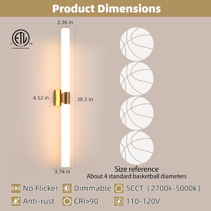 39" Gold Bathroom Vanity Lights, Wall Sconce with Acrylic Shade | Modern Wall Light for Bathroom Bedroom Living Room Hallway