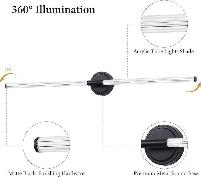 URSOLA 48" Modern LED Bathroom Light Fixtures, Matte Black 3CCT Dimmable Bathroom Vanity Light Over Mirror, Bathroom Vanity Bath Bar Lights with 360° Removable Acrylic Light Tube