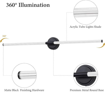 URSOLA 48" Modern LED Bathroom Light Fixtures, Matte Black 3CCT Dimmable Bathroom Vanity Light Over Mirror, Bathroom Vanity Bath Bar Lights with 360° Removable Acrylic Light Tube