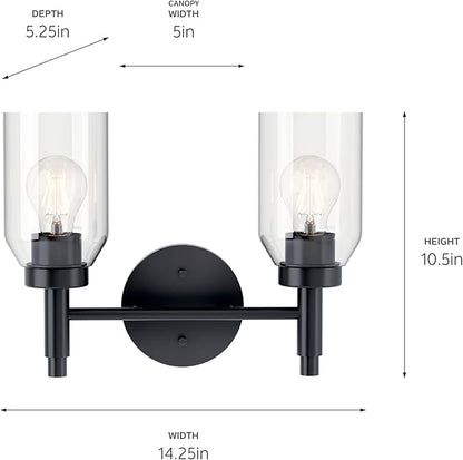 Kichler Madden 2-Light Vanity with Clear Glass in Black, Sloped Ceiling Compatible, for Single or Double Vanity in Bathroom (10.5" x 14.25"), 55184BK