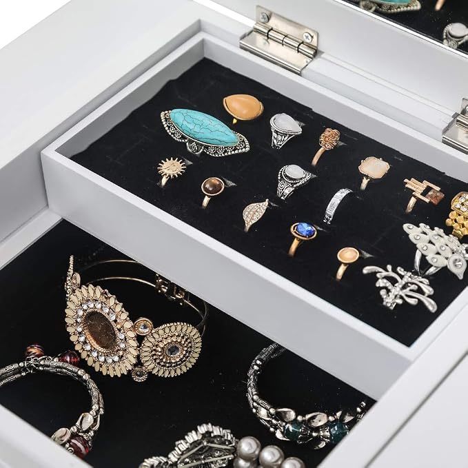 Standing Jewelry Armoire with Mirror, 5 Drawers & 14 Necklace Hooks, Jewelry Cabinet Chest with Removable Ring Storage Slot and Top Storage Organizer, 2 Side Swing Doors