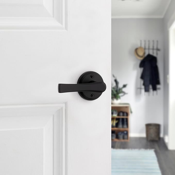 Kwikset Katella Interior Passage Door Handle, Lever For Closet and Hallway Doors, Reversible Non-Locking Handle Lever, Matte Black, with Microban Protection
