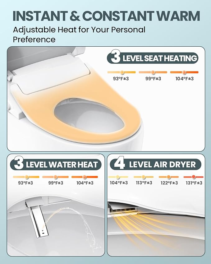 Electric Bidet Toilet Seat Elongated, Heated Toilet Seat with Instant Warm Water & Air Dryer, 6 Wash Modes, Dual Control, Self-Cleaning Nozzle, Soft-Close Lid, Night Light, Eco & Child Friendly