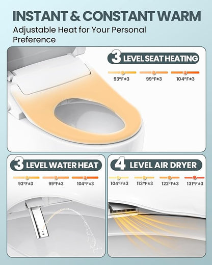Electric Bidet Toilet Seat Elongated, Heated Toilet Seat with Instant Warm Water & Air Dryer, 6 Wash Modes, Dual Control, Self-Cleaning Nozzle, Soft-Close Lid, Night Light, Eco & Child Friendly