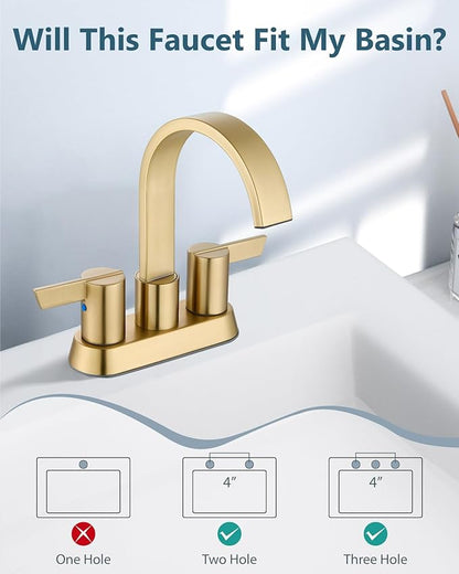Aolemi Bathroom Faucets for Sink 3 Hole,4 Inch Centerset Waterfall Faucet 2 Handle for Bathroom Sink with Pop-Up Drain and Supply Lines Brush Gold