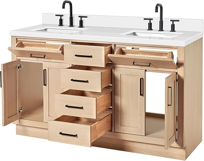 DKB Isabella 60-Inch Oak Double Bathroom Vanity with Sink, Pure White Quartz Countertop 1.5" Edge & 4" Backsplash, Soft Closing Doors & Drawers, Matte Black Hardware