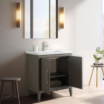 Vanity Art 30 inch Bathroom Vanity with Single Sink & Ceramic Top, Vanity Cabinet with Soft-Closing Doors, Solid Wood Frame, Driftwood Gray, VA9030-DG-BN1