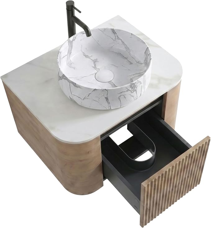 24" Preassembled Floating Bathroom Vanity with Carrara Finish Sink, Oak | Mid-Century Modern Style, Fluted & Soft-Close Drawer with U-shaped Wall, Sinterted Stone Countertop, Towel Rack Included