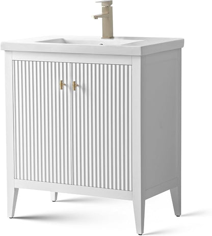 Vanity Art 30 inch Bathroom Vanity with Single Sink & Ceramic Top, Vanity Cabinet with Soft-Closing Door, Solid Wood Frame, Linear Pattern, White, Golden Brushed Handware VA9130-W-GB