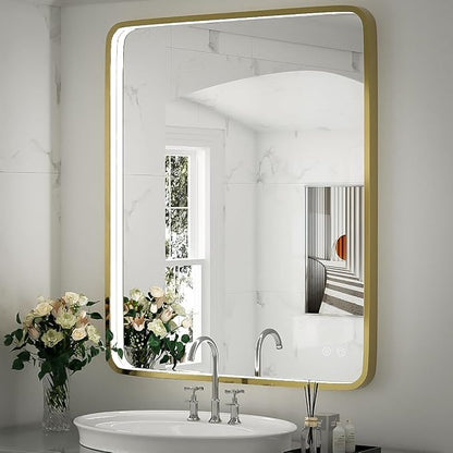 30x36 Inch LED Gold Frame Bathroom Mirror, ETL Listed | Anti-Fog,3 Color 3000K/4500K/6000K Dimmable,Horizontal & Vertical,Wall Mounted,Memory Function