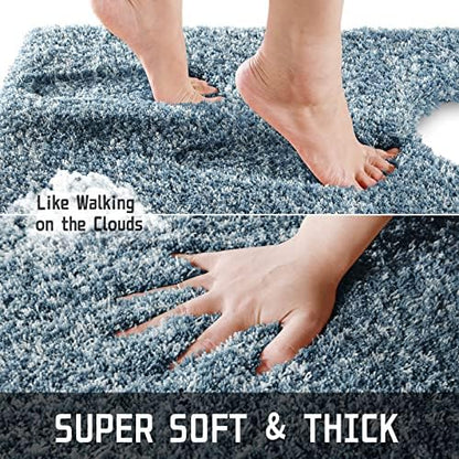 Yimobra Toilet Rugs U Shaped Washable 24X20, Ultra Soft and Water Absorbent Bath Mats, Non Slip Fluffy Shaggy Luxury Microfiber Contour Bath Rugs for Toilet, Dry Quick, Denim Blue and White