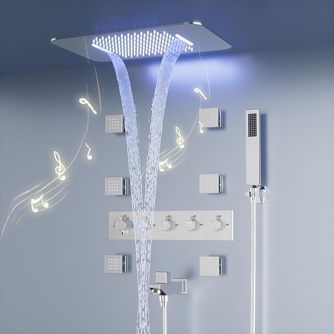 Full Body Shower System with Body Jets, Thermostatic Rain Waterfall Shower Head System, Luxury Ceiling Mount Multi Shower Head System with Handheld and Tub Spout, LED Music Overhead Shower