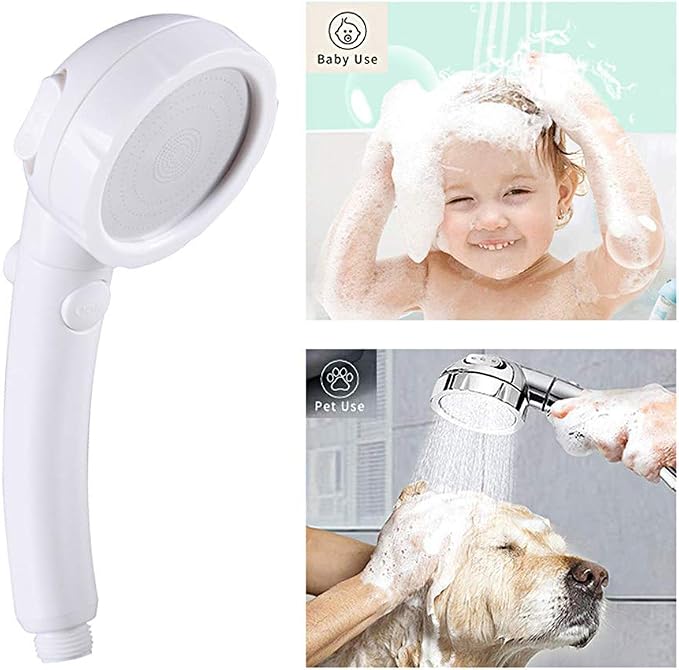 KAIYING RV & Camper High Pressure Handheld Shower Head with Pause Button | 3 Spray Modes with ON/OFF Switch, Detachable Dog Shower Attachment, Drill-Free Pet Shower Wand with Bracket & Hose, White
