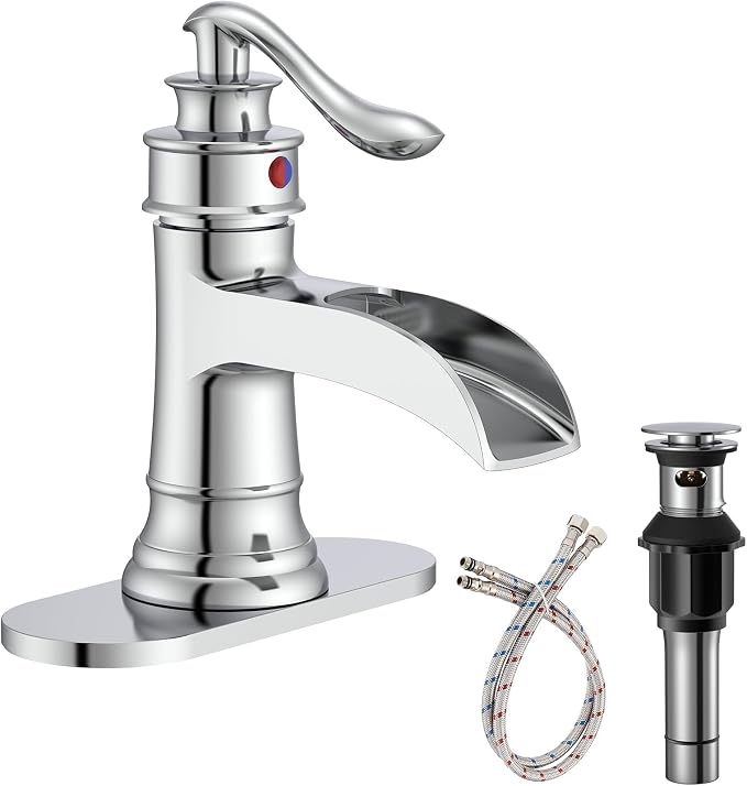 Bathroom Faucet Chrome Waterfall Bathroom Sink Faucets with Single Handle | Rustic Vanity Farmhouse RV Faucet Suitable for 1 or 3 Holes with Pop-up Drain Deck Plate Hose by Homevacious