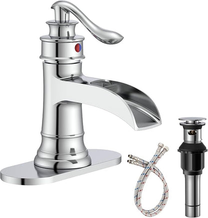Bathroom Faucet Chrome Waterfall Bathroom Sink Faucets with Single Handle | Rustic Vanity Farmhouse RV Faucet Suitable for 1 or 3 Holes with Pop-up Drain Deck Plate Hose by Homevacious