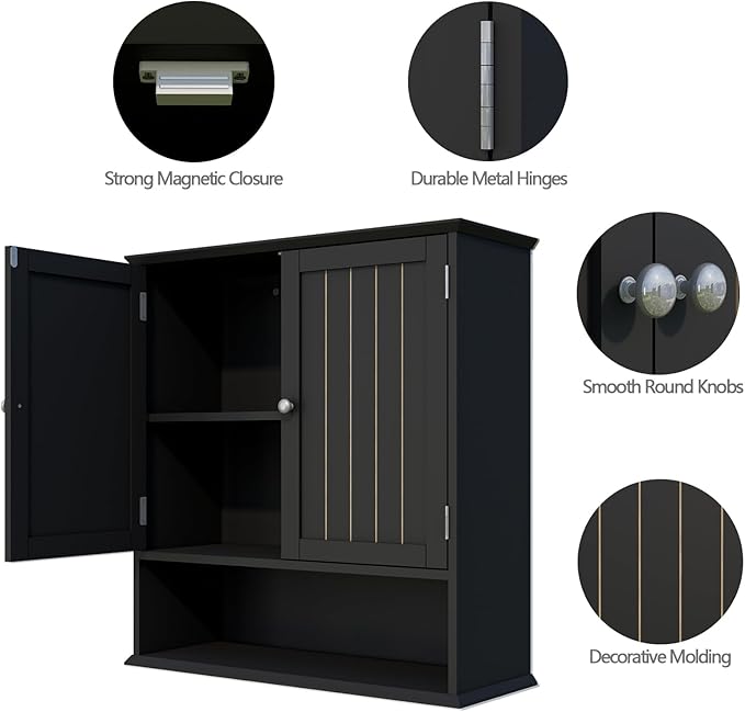 Wall Cabinet with 2 Doors & Open Shelf – Space Saving Medicine Cabinet, Wooden Wall Mounted Storage Cupboard for Bathroom Organization Black