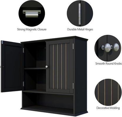 Wall Cabinet with 2 Doors & Open Shelf – Space Saving Medicine Cabinet, Wooden Wall Mounted Storage Cupboard for Bathroom Organization Black