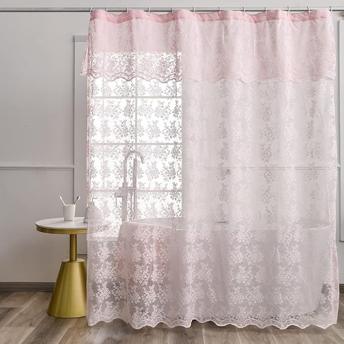 Pink Lace Shower Curtain 72x72, Cute Girly Style with Attached Valance | Vintage Floral Lace and Scalloped Trim, Filter Soft Light, Creating a Delicate Romantic Shabby Chic Bathroom Look