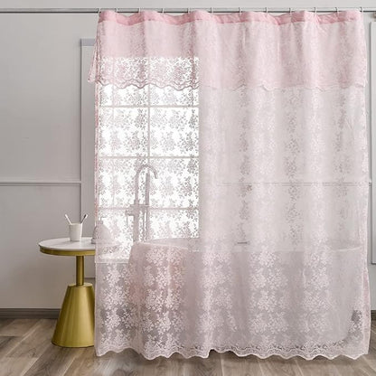 Pink Lace Shower Curtain 72x72, Cute Girly Style with Attached Valance | Vintage Floral Lace and Scalloped Trim, Filter Soft Light, Creating a Delicate Romantic Shabby Chic Bathroom Look