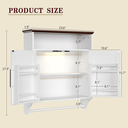 VECELO Bathroom Wall Cabinet with Motion Sensor LED Light, Farmhouse Medicine Cabinets with Open and Hidden Storage Space, Wall Mounted Storage Cabinet with Towels Bar for Bathroom, Kitchen, White