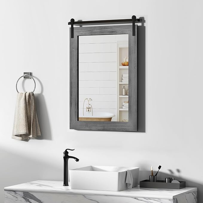 COGOOD Farmhouse Bathroom Mirrors for Over Sink - 30 x 22 Grey | Rustic Barn Door Wood Framed Vanity Mirror for Entryway, Living Room, Bedroom, Dresser Wall Decor