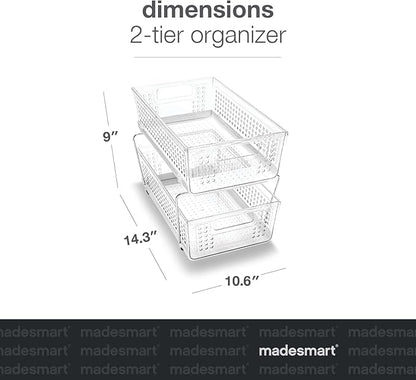 madesmart 2 Tier Organizer, Under Cabinet Storage with Pull Out Sliding Drawers, for Cleaning Supplies, Undersink Storage, Sponges, Bottles & Bath, Adjustable Dividers & Pull Out Baskets, Clear