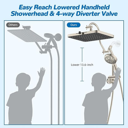 Hibbent cUPC Certified High Pressue 13'' Rainfall Shower Head with 5-Spray | Shower Heads with Handheld 10-Spray Combo, All Metal Easy Reach 4-way Diverter Arm, 71'' Hose & Holder, Brushed Nickel