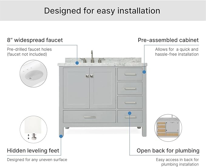 ARIEL Cambridge 42-inch Bathroom Vanity with Sink,Solid Wood, 1.5-inch Italian Carrara Marble Countertop & Backsplash, Single Oval Porcelain Sink, 2 Soft Closing Doors, 5 Dovetail Drawers, Grey