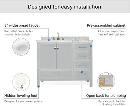 ARIEL Cambridge 42-inch Bathroom Vanity with Sink,Solid Wood, 1.5-inch Italian Carrara Marble Countertop & Backsplash, Single Oval Porcelain Sink, 2 Soft Closing Doors, 5 Dovetail Drawers, Grey
