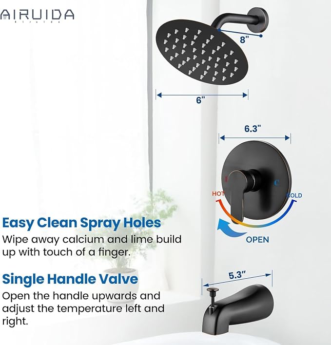 Airuida Shower Faucet Set with Tub Spout,6" Bathtub Faucet-Oil Bronze | Male Threads Rough-In Valve,Round Head Shower System,Tub and Shower Kit Set
