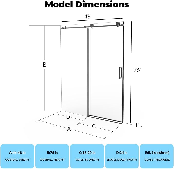 Frameless Sliding Shower Door, 44-48" W x 72" H Aluminum Alloy Frame, Adjustable Double 8mm (5/16") SGCC Tempered Glass Panels with Matte Black Square Track, Bypass Space-Saving Design