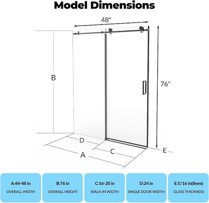Frameless Sliding Shower Door, 44-48" W x 72" H Aluminum Alloy Frame, Adjustable Double 8mm (5/16") SGCC Tempered Glass Panels with Matte Black Square Track, Bypass Space-Saving Design