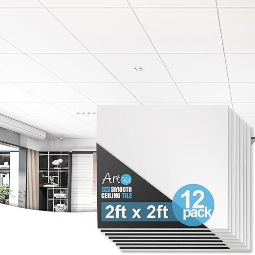 Art3d 12-Pack Smooth Drop Ceiling Tiles, No Sag and Breakage, White | 2 x 2 ft, PVC, Waterproof, Fire-Rated, Reusable, Compatible with Grid System, Perfect for Living Room