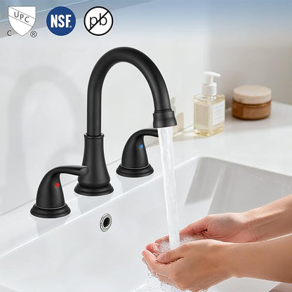 Widespread Bathroom Sink Faucet Deck Mounted 3 Hole 8 inch Bathroom Vanity Faucet 2 Handles Basin Mixer Tap with Pop up Drain, Matte Black