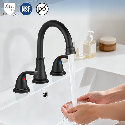 Widespread Bathroom Sink Faucet Deck Mounted 3 Hole 8 inch Bathroom Vanity Faucet 2 Handles Basin Mixer Tap with Pop up Drain, Matte Black