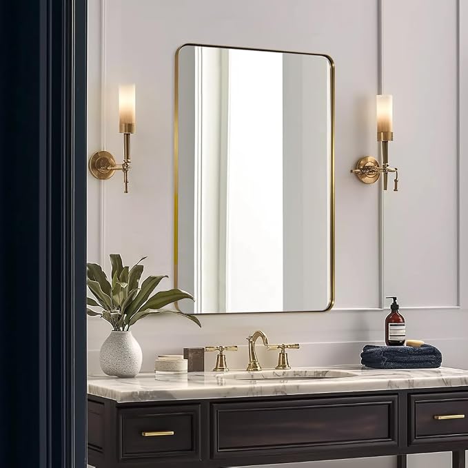 Gold Bathroom Mirror, 24x36 Brushed Brass Rectangle Metal Frame Mirror for Bathroom, Modern Rectangular Wall Mounted Mirror for Vanity