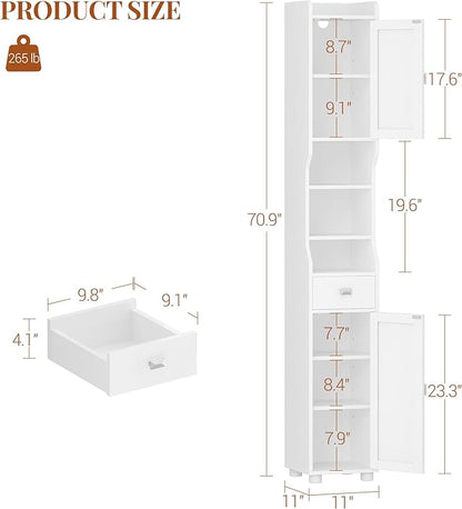 Bathroom Storage Cabinet, Tall Bathroom Cabinet, Freestanding Floor Cabinets with 2 Doors and 1 Drawer, Toilets Organizer with Adjustable Shelf, 1 Hook for Living Room, Kitchen, White 480013X