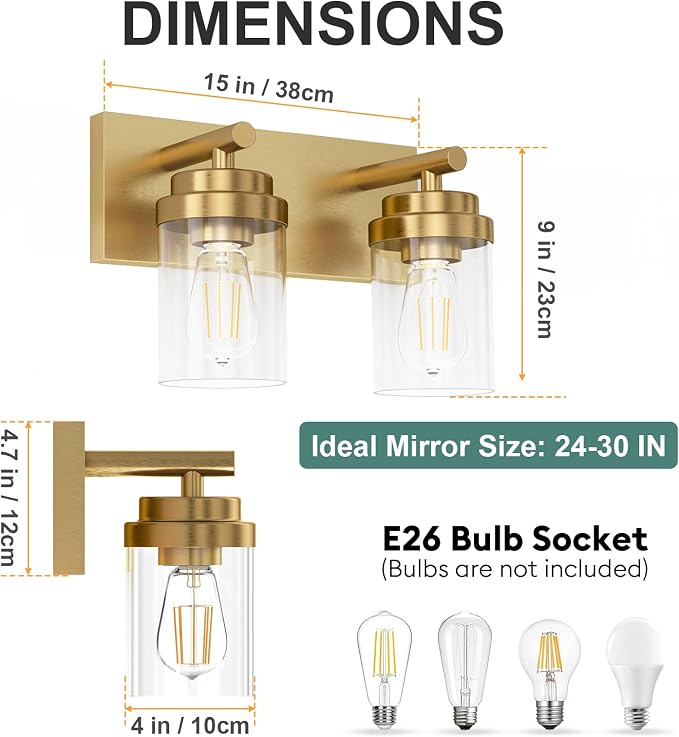 IZORRO Bathroom Vanity Light Fixture, 2-Light 15 Inch Gold Bathroom Light Fixtures Over Mirror, with White Glass Shade, Modern Farmhouse Vanity Lights, Rustic Restroom Lighting Fixtures