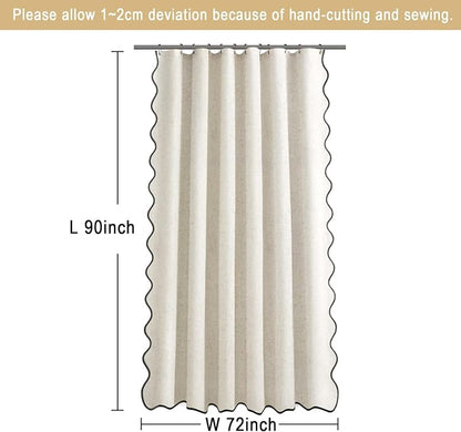 Scalloped Shower Curtain Linen Boho Flax Cream 72" W x 90" L | Linen Fabric, Black Border, Washable, Heavy Duty Cloth, Shower Curtain for Boho Farmhouse Bathroom Bathtub