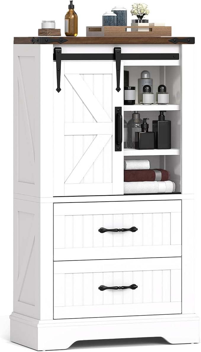 Giantex Bathroom Storage Cabinet, Farmhouse Wooden Floor Cabinet w/Sliding Barn Door, 2 Drawers & Adjustable Shelves, Modern Freestanding Storage Organizer for Living Room, Entryway, Kitchen