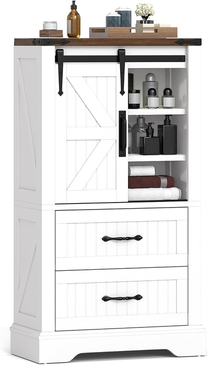 Giantex Bathroom Storage Cabinet, Farmhouse Wooden Floor Cabinet w/Sliding Barn Door, 2 Drawers & Adjustable Shelves, Modern Freestanding Storage Organizer for Living Room, Entryway, Kitchen