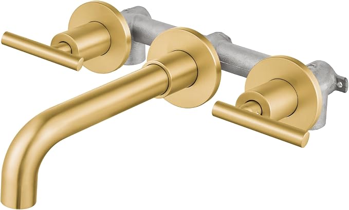 Airuida Wall Mounted Bathroom Sink Faucet,Brushed Gold Vanity Sink Faucet | Lever Handle,3 Holes,360° Widespread Swivel Spout,Rotatable Bathroom Faucet