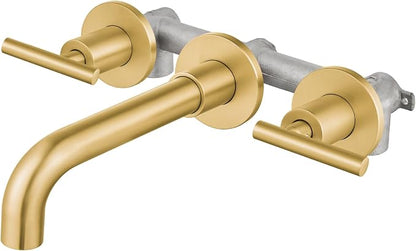 Airuida Wall Mounted Bathroom Sink Faucet,Brushed Gold Vanity Sink Faucet | Lever Handle,3 Holes,360° Widespread Swivel Spout,Rotatable Bathroom Faucet