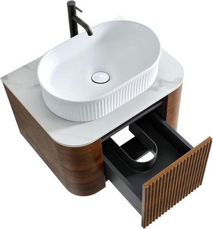 24" Preassembled Floating Bathroom Vanity with White Sink, Walnut | Mid-Century Modern Style, Fluted & Soft-Close Drawer with U-shaped Wall, Sinterted Stone Countertop, Towel Rack Included