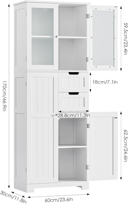 67'' Tall Bathroom Storage Cabinet, Linen Cabinet with Glass Doors and Adjustable Shelves, Kitchen Pantry with 2 Drawers for Bathroom, Living Room, Dining Room, White