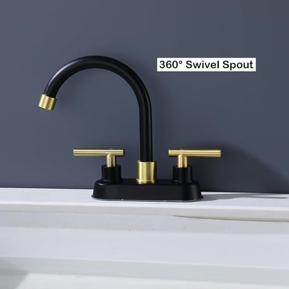 Bathroom Faucet Black and Gold, 2 Handle 4 Inch Centerset Bathroom Sink Faucet with Pop Up Drain, Modern RV Vanity Sink 2 or 3 Hole Mount