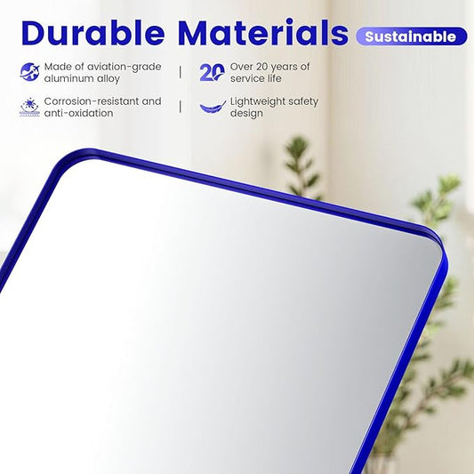 18" x 24" Blue Bathroom Mirror Wall Mounted, Matte Aluminum Alloy Frame with Rounded Corners, Shatterproof Tempered Glass, Anti-Rust HD Vanity Mirror for Bathroom, Bedroom, Entryway